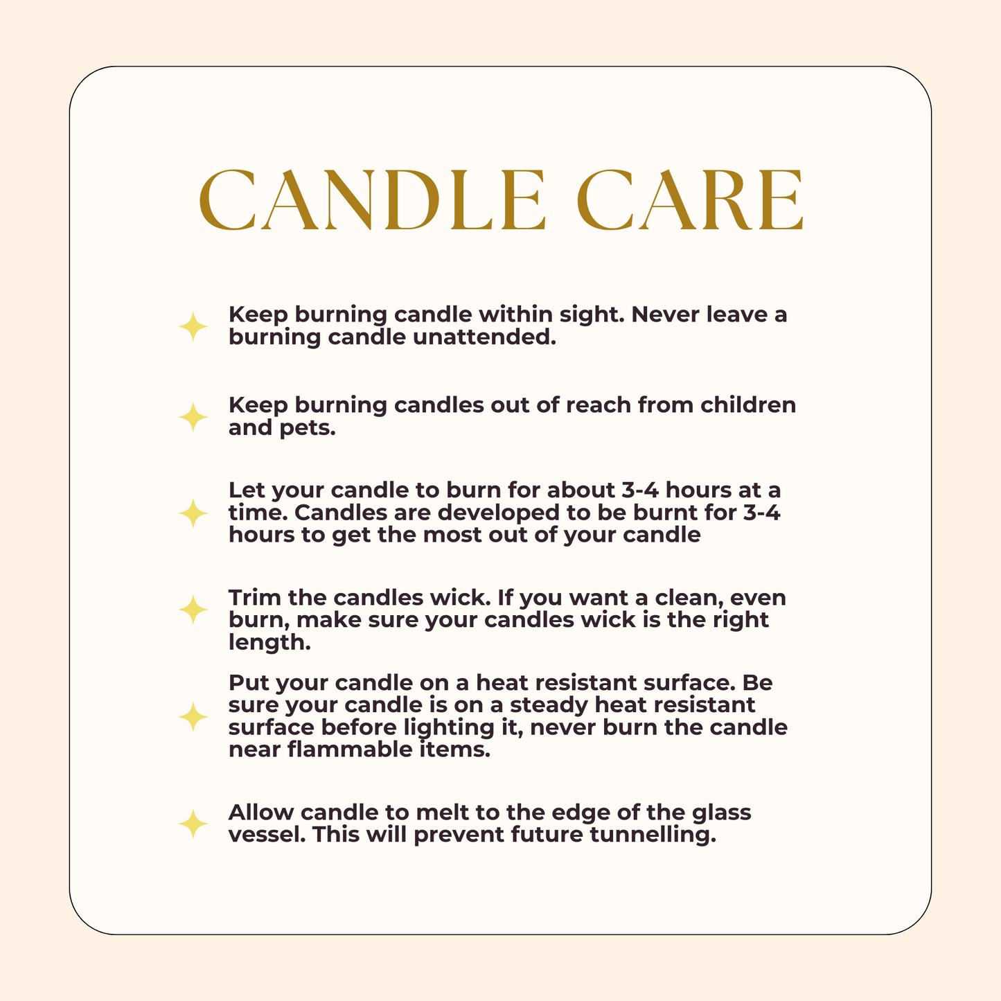 Candle care and safety instructions card included with soy wax candle