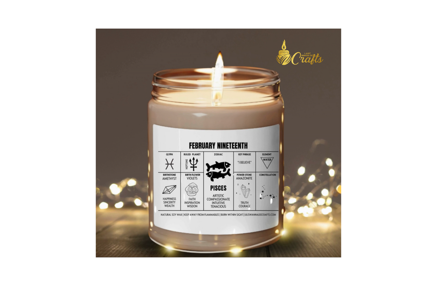 Personalized Pisces zodiac soy wax candle with astrology label and gold drawstring gift pouch
