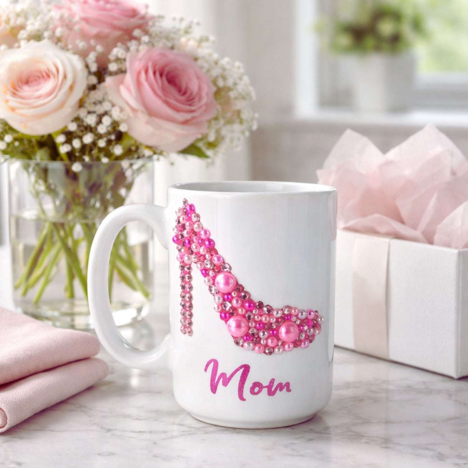 Custom bling mug featuring a pink rhinestone high heel design for Mom