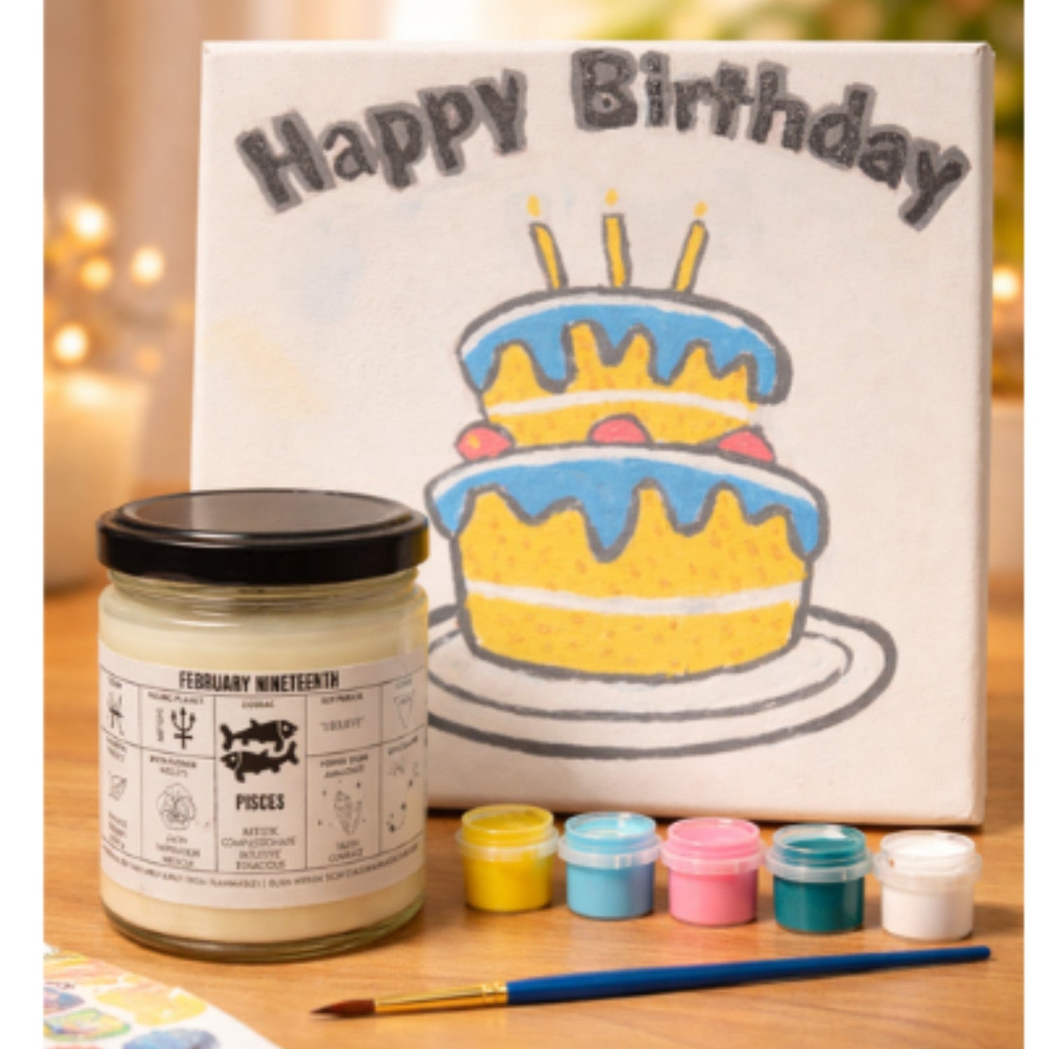 Custom birthday candle and Happy birthday paint by number set featuring a colorful cake illustration, perfect for birthday parties and creative gifts