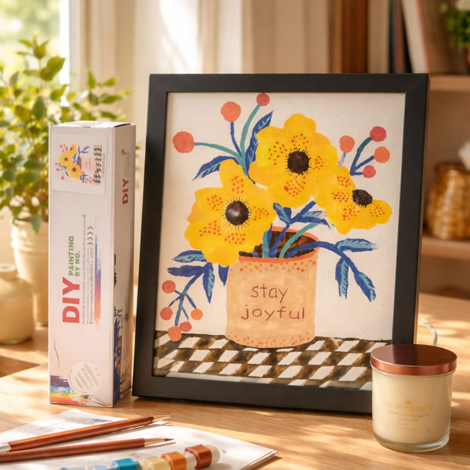 Stay joyful paint by number artwork featuring yellow flowers in a vase with a cheerful illustrated style