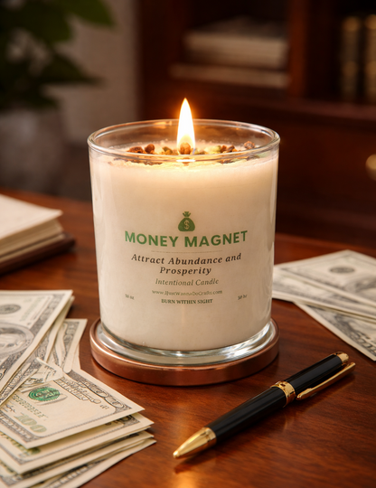 Money Magnet intentional candle lit on desk with cash, crystals, and warm ambient lighting