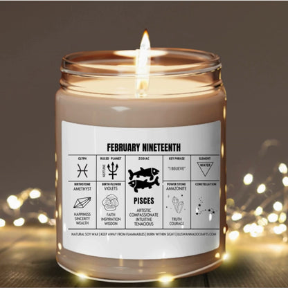 Personalized Pisces zodiac soy wax candle with astrology label and gold drawstring gift pouch