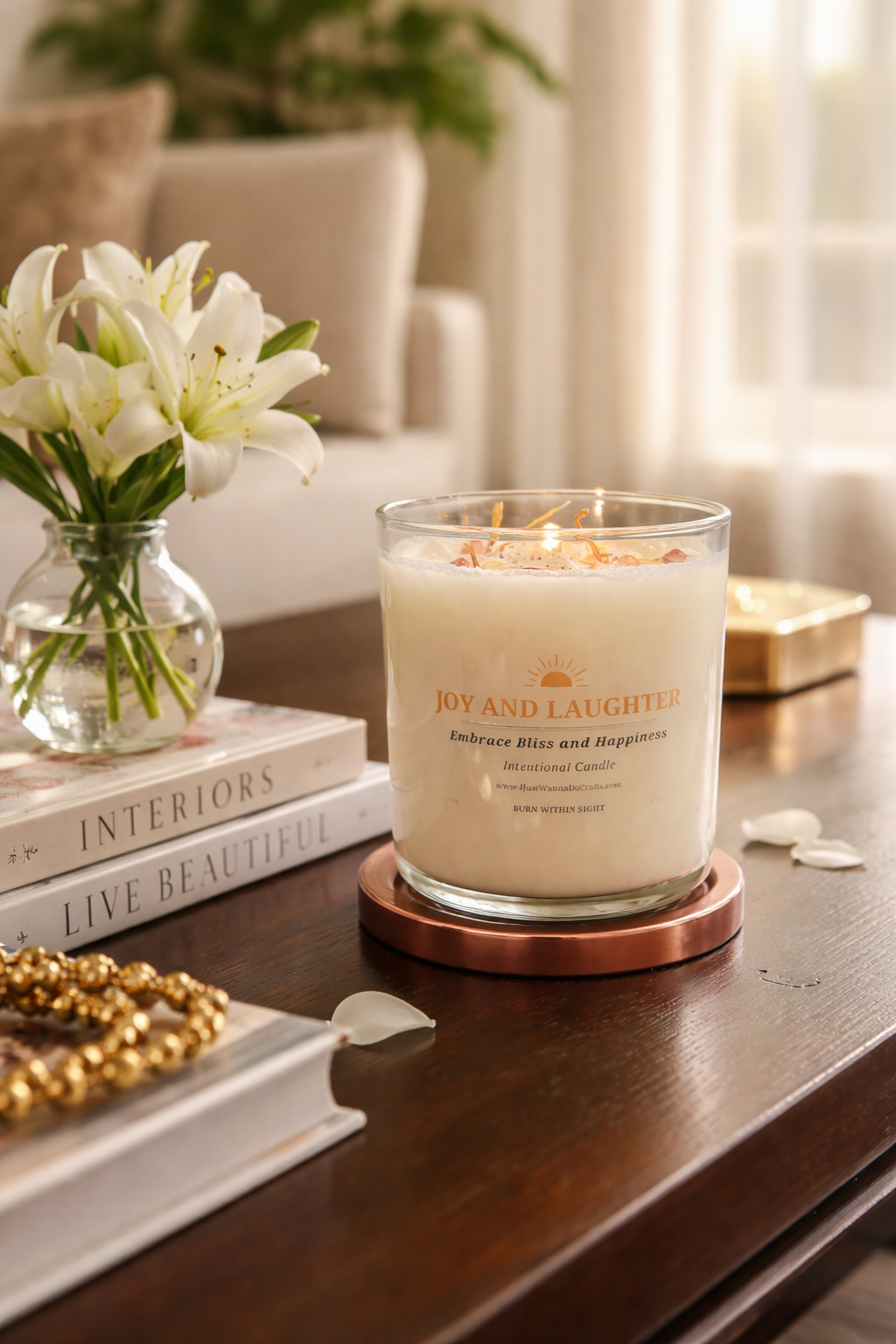 Intentional soy wax candle displayed on a wooden coffee table