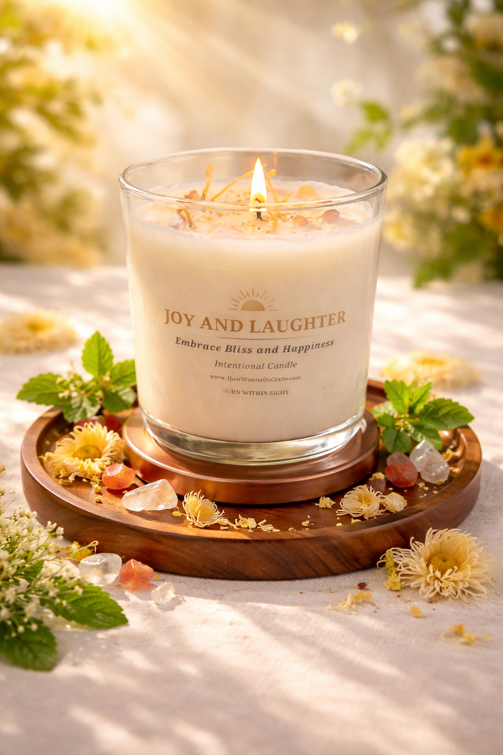 Candle labeled 'Joy and Laughter' in a clear glass jar styled flowers and crystals in warm natural light. 