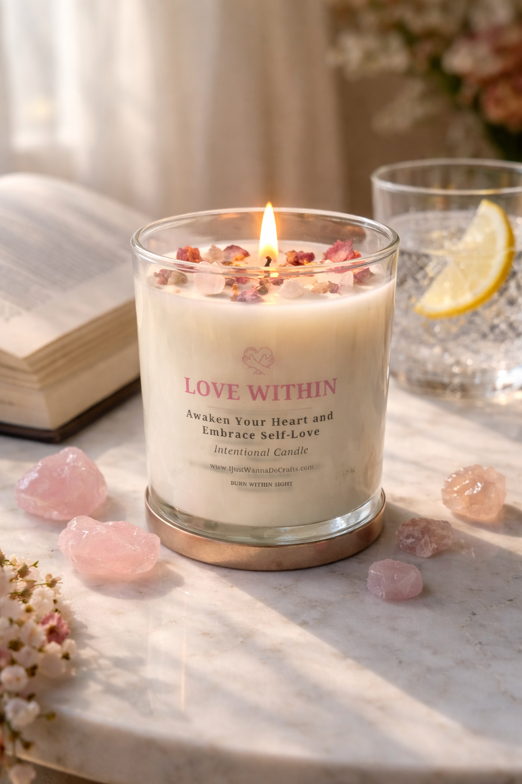 Romantic self care candle displayed on rose gold candle lid  with rose quartz and dried florals
