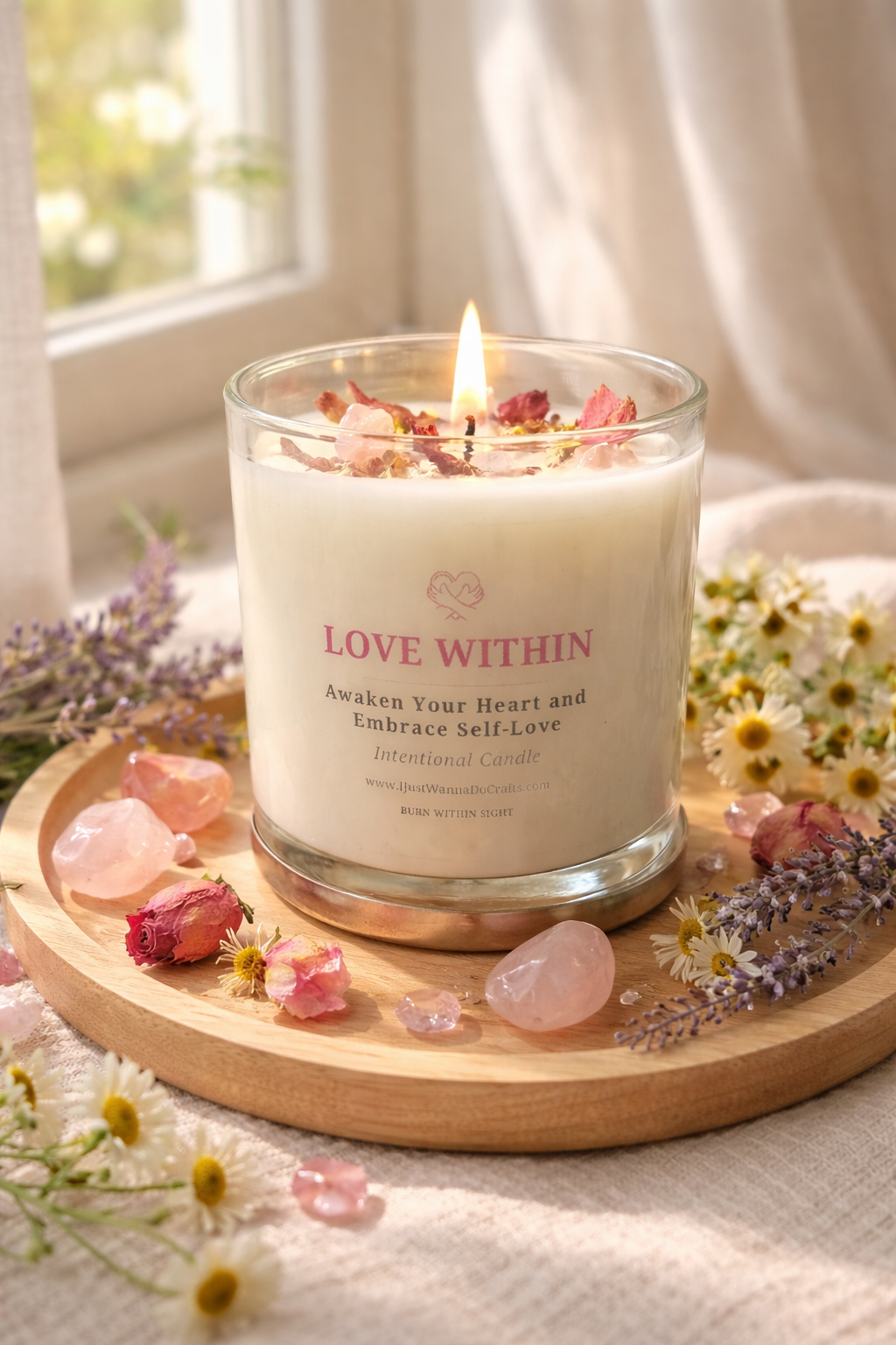Love Within intentional candle in glass jar styled with rose quartz crystals and soft natural light