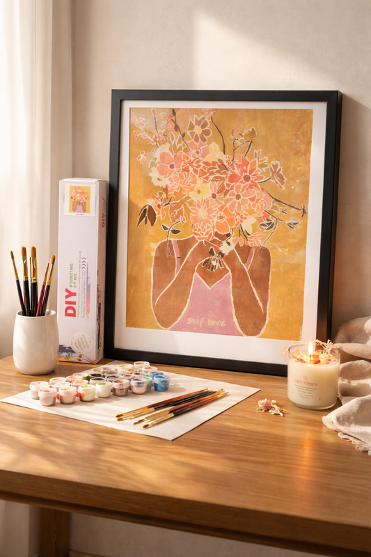 Framed artwork of a woman holding flowers on a desk with art supplies. The paint-by-number set is a African-American giving herself flowers representing self-Love