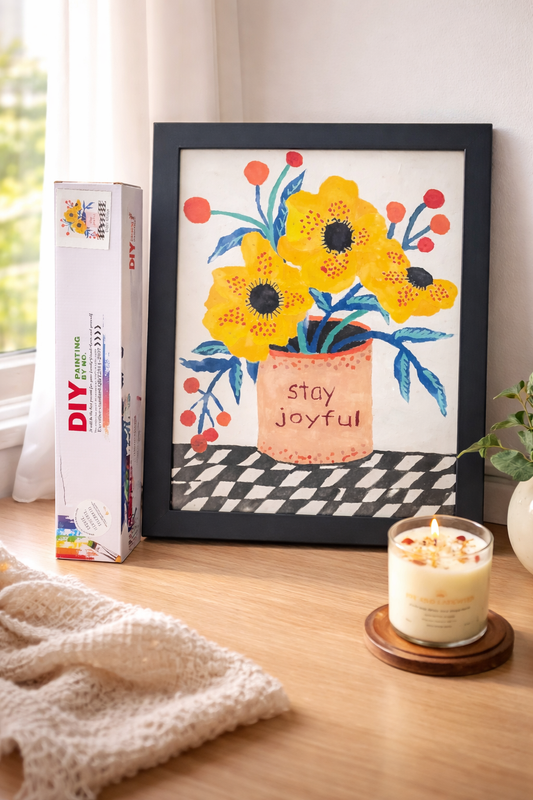 Framed artwork with floral design and 'stay joyful' text on a wooden table with a lit candle.