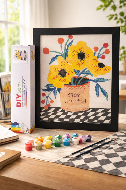 Framed floral artwork with 'Stay Joyful' text on a table with art supplies.