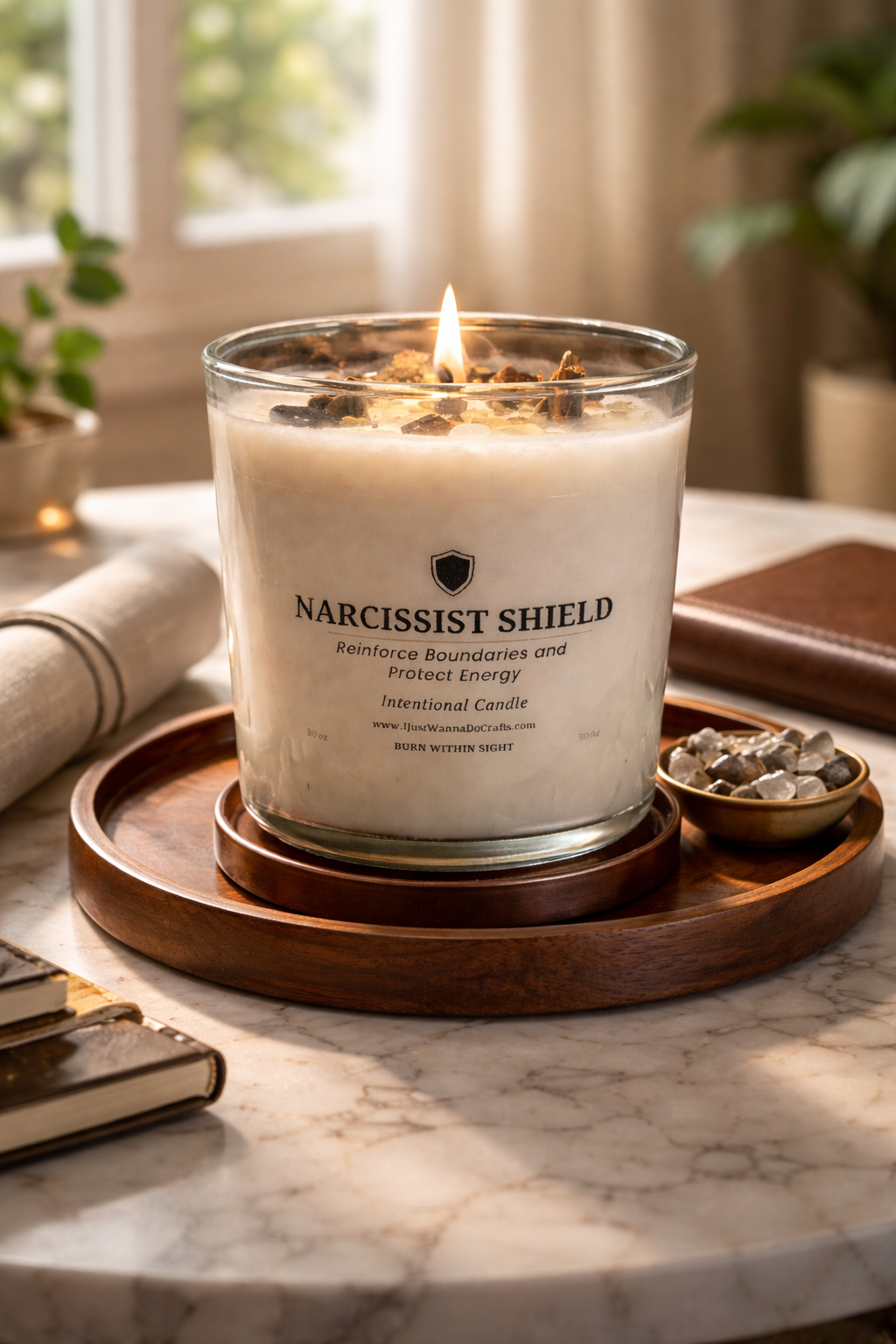 Crystal intention candle created to support self protection, grounding, and emotional clarity