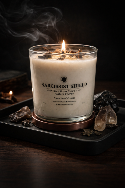 Narcissist shield intentional candle with crystals designed for protection, boundaries, and emotional healing