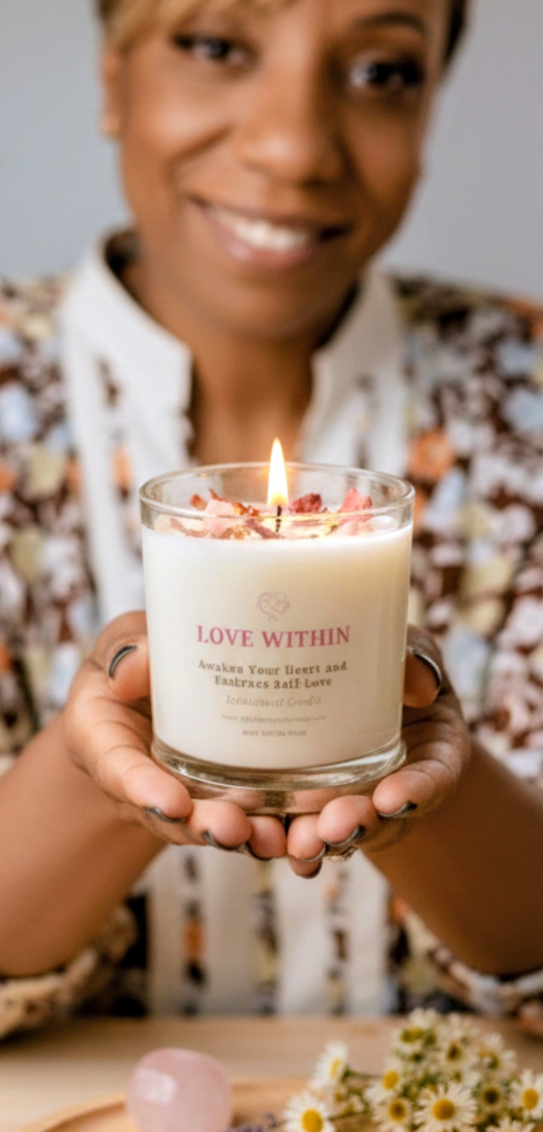 A black woman holding a self-love candle.