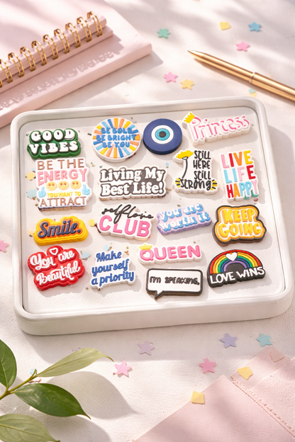 Colorful silicone shoe jibbitz/charms  with positive affirmations and motivational sayings displayed on a tray