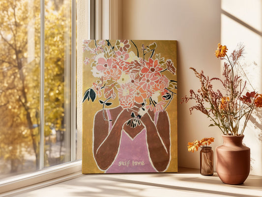 Framed self love paint by number artwork displayed in a cozy home setting with warm decor