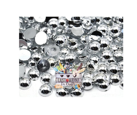 Shiny Silver Hematite Flat Back Half Round Pearls Non-Hotfix (Size Options)