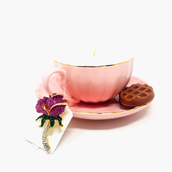 Pink Tea Cup Candle with Rose Brooch & Wax Melts